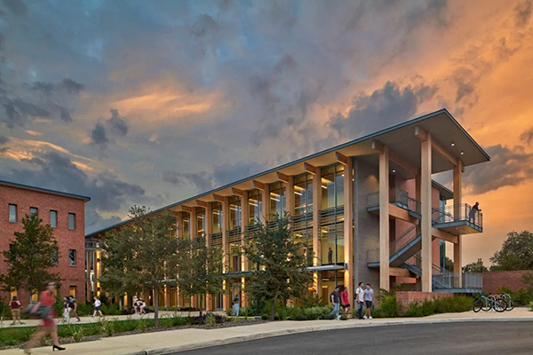The exposed natural wood surfaces, combined with large glass fa&ccedil;ades, create bright open interior spaces throughout Dicke Hall.