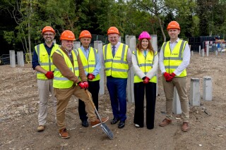 At the breaking ground ceremony for the Aspen Building are, left to right: Sam Payne (Beard), Steve Burgess (Oxford Trust), John Boyle (Oxford Trust), Mark Beard (Beard), Nicki Campling (Oxford Trust) and Dave Fisher (Beard) 