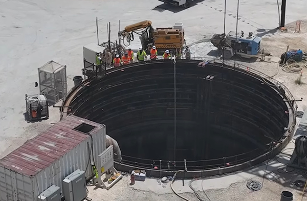 The drilling of nine deep drop shafts for rain drainage to prevent flooding on the below-grade sections of the I-35 is underway.