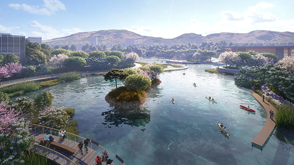 The lake at the centre of Ellinkon Sports Park will provide natural irrigation with thousands of native trees and bushes that will line its perimeter walking paths.