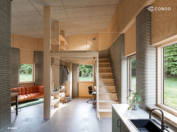 A European student residence shows the successful blend of 3DCP using the COBOD3 printer and warm wood detailing.