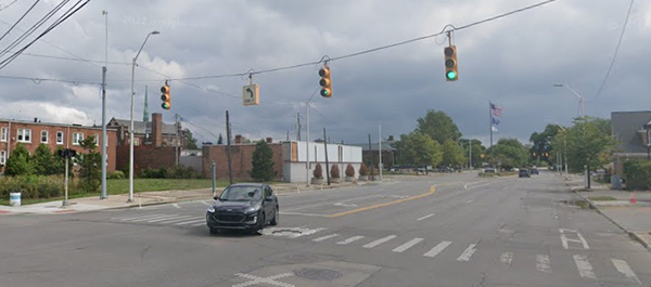 Shown is a view of what the intersection looking east along Jefferson Avenue from Detroit into Grosse Pointe Park used to look like before Schaap Center was built.