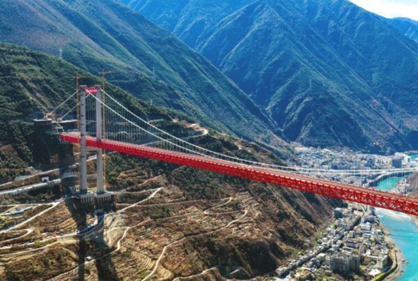 Three Potain MC 480 Tower Cranes Power Construction of Luding Dadu River Bridge in China