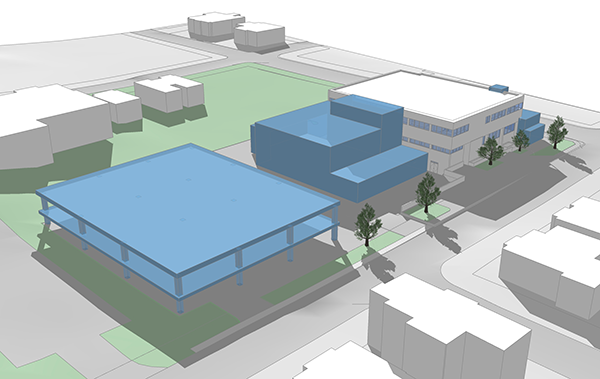 Shown is the new parking structure and addition (in blue) at the Water Street location.